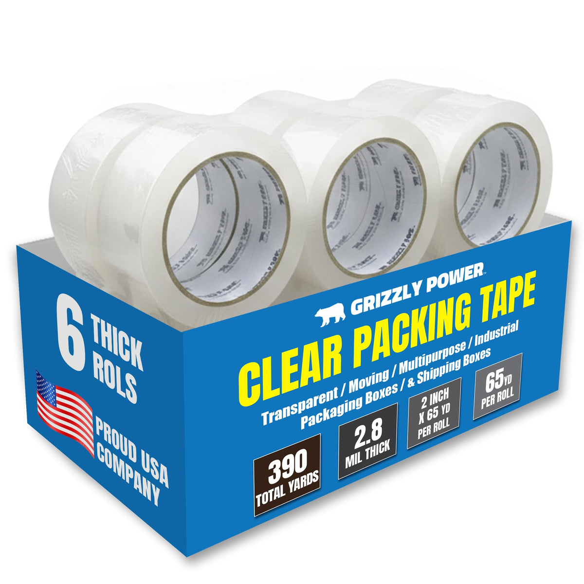 Grizzly Power Clear Packing Tape (6 Rolls) | Heavy Duty Packing Tape (2 Inch x 65 Yards) | 2.8mil Thick Strong Adhesive for Moving Boxes, Shipping Cartons, Office Use, Storage & Wrapping (390 Yards)