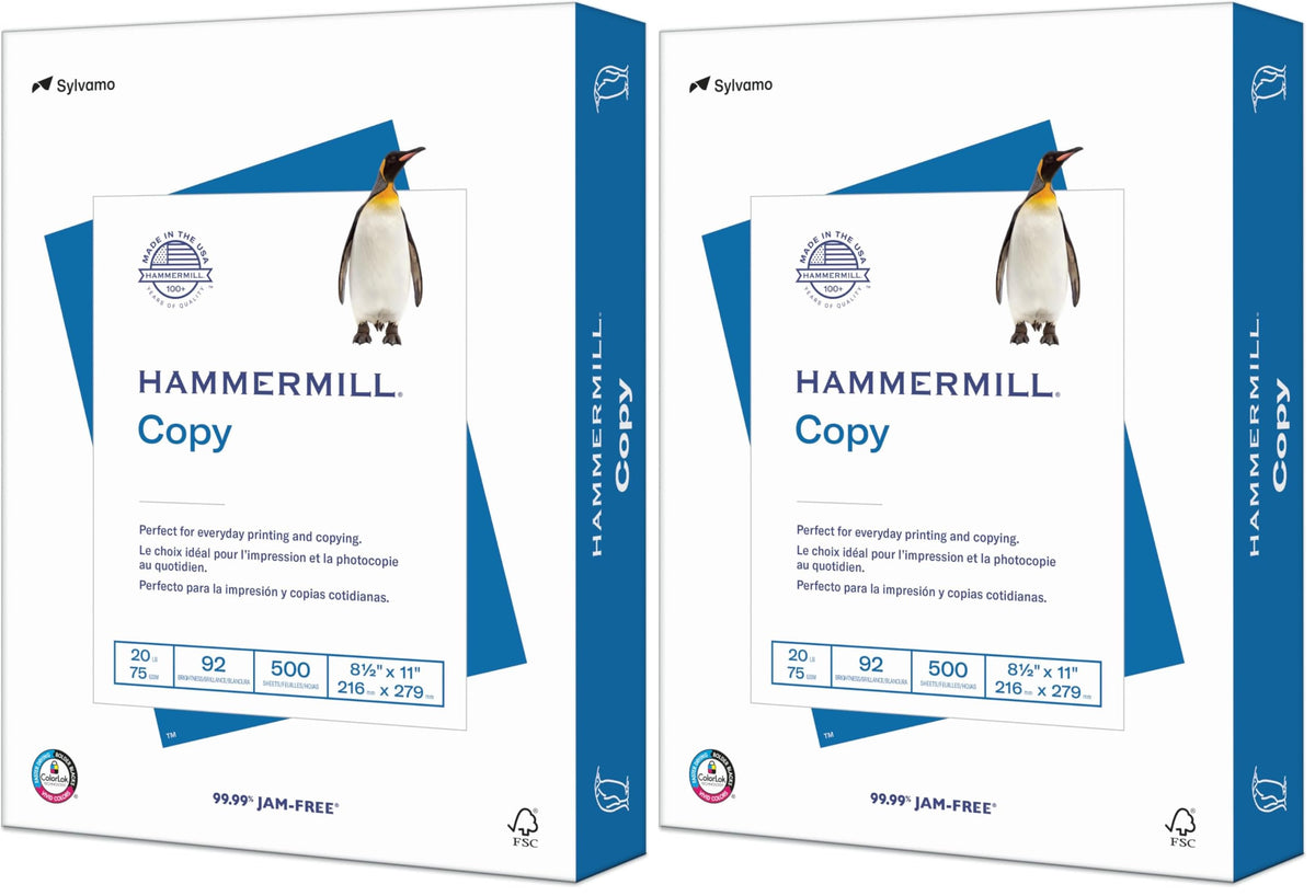 Hammermill Printer Paper, 20 lb Copy Paper, 8.5 x 11-1 Ream (500 Sheets) - 92 Bright, Made in the USA (Pack of 2)