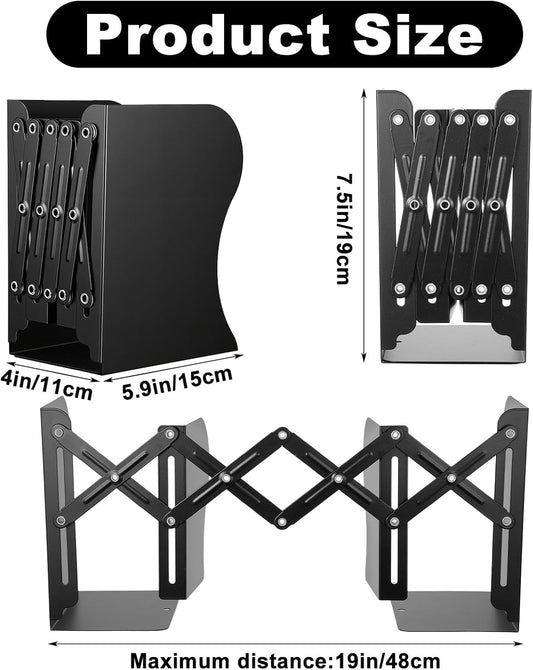 2 Pack Adjustable Bookends Heavy Duty Metal Bookends for Heavy Books Shelves Book End Bookshelf Organizer for Desk Large Black 19 Inch