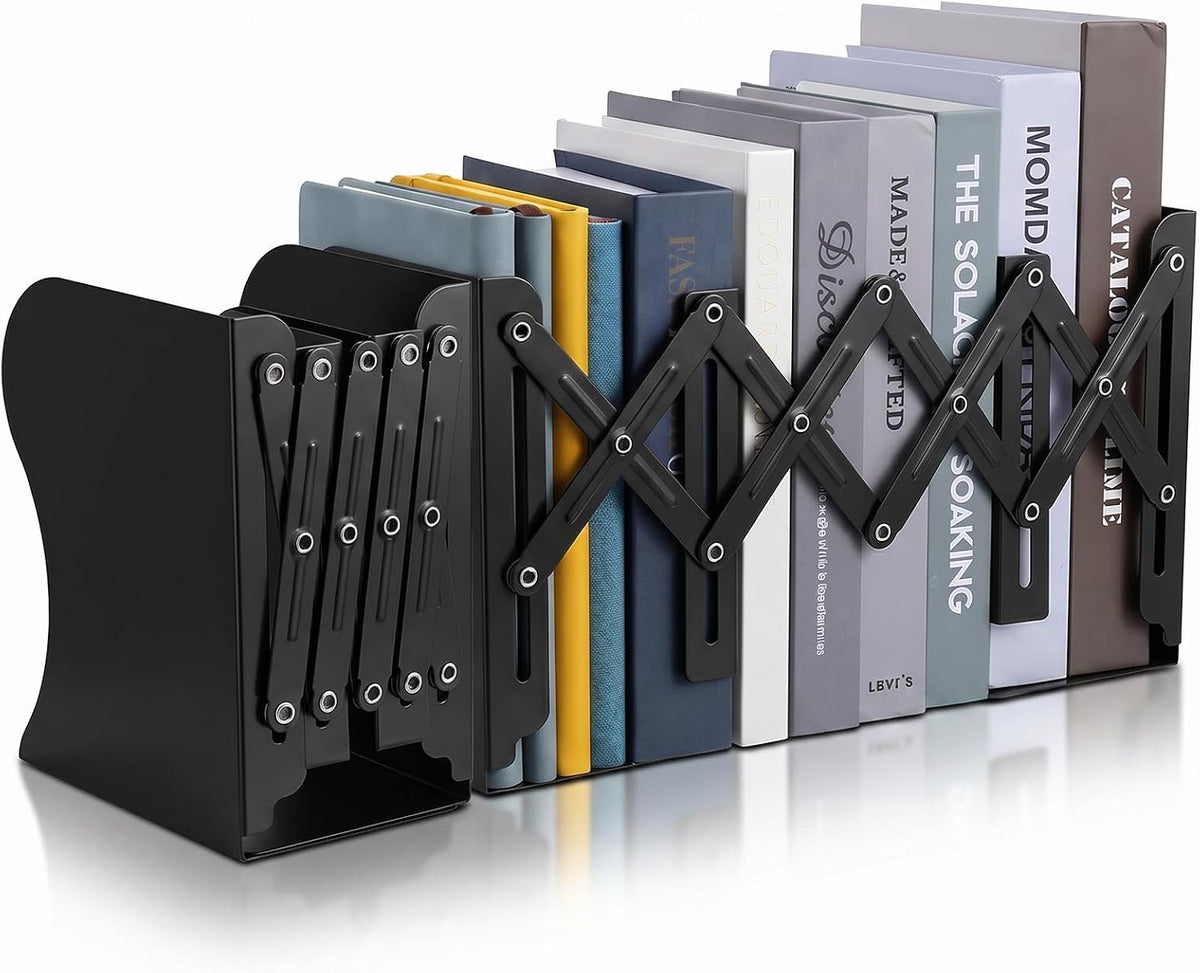 2PCS Adjustable Bookends, Metal Book Ends for Heavy Book, 2 Dividers, Nonslip Extendable Books Stander for Desk, Shelf, Office, Binder Holder, Stationery Gift, Extends up to 19 inch (Black)