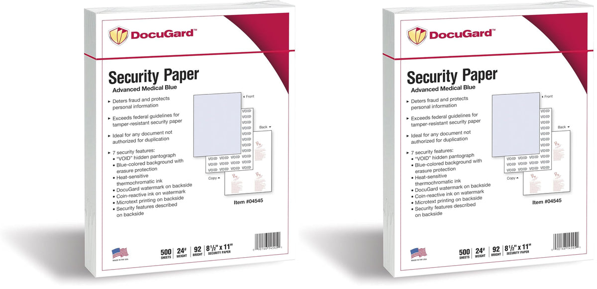 DocuGard Medical Security Papers, 24 lb Bond Weight, 8.5 x 11, Blue, 500/Ream