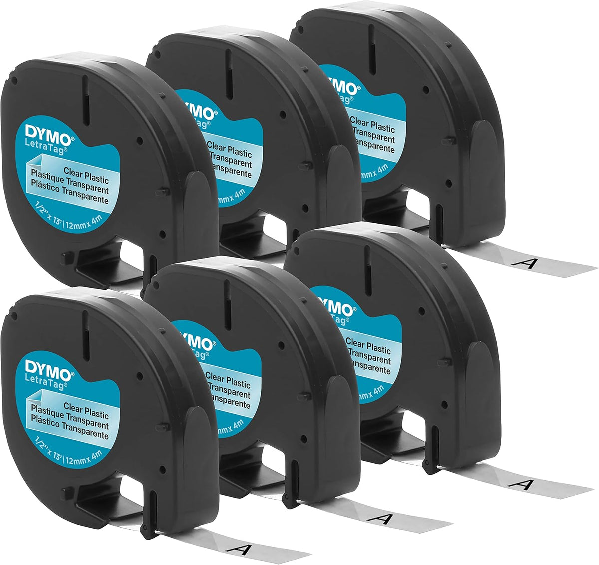DYMO Authentic LT Plastic Labeling Tape for LetraTag Label Makers, 1/2" (12mm), Black Print on Clear Tape, 6-Pack