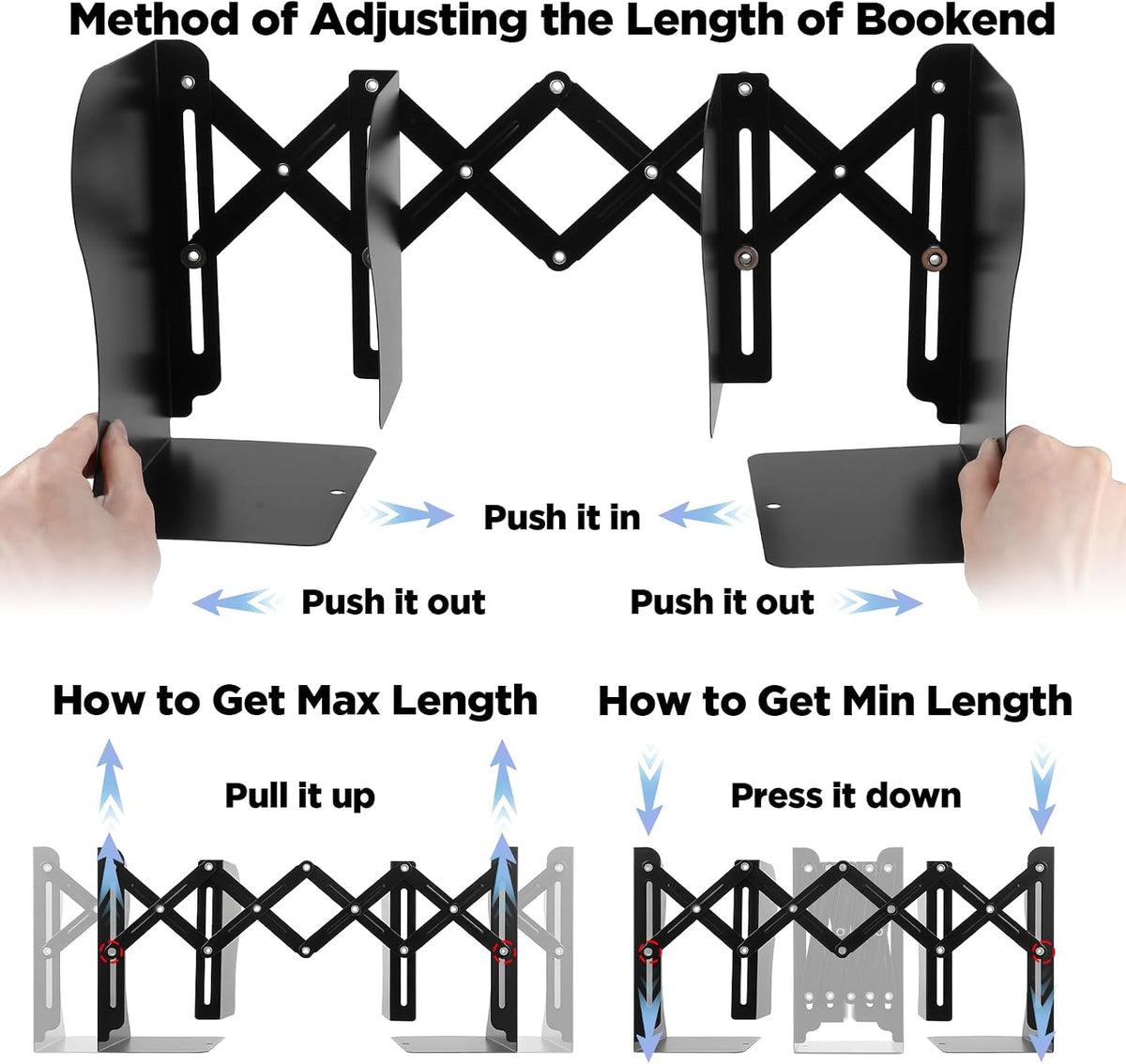 2PCS Adjustable Bookends, Metal Book Ends for Heavy Book, 2 Dividers, Nonslip Extendable Books Stander for Desk, Shelf, Office, Binder Holder, Stationery Gift, Extends up to 19 inch (Black)