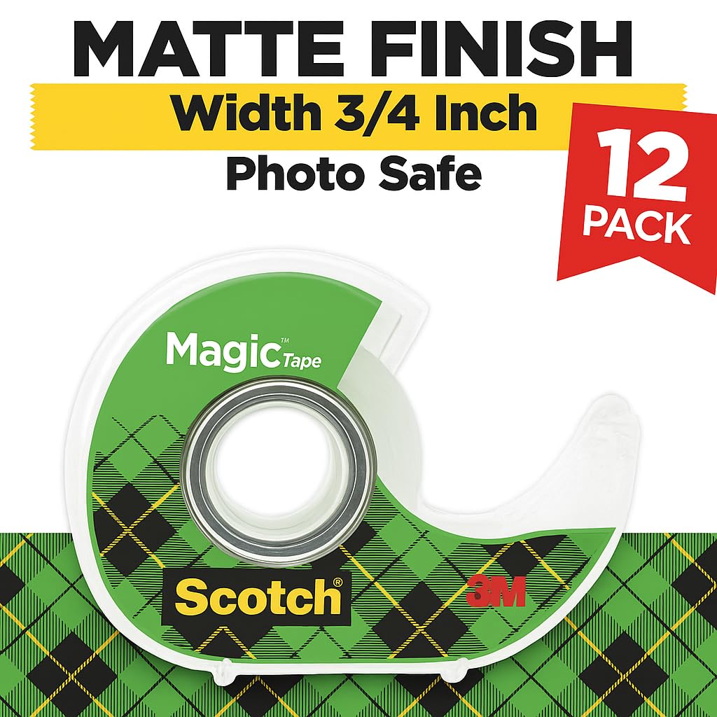 Scotch Magic Tape, 12 Rolls (2 x 6-Packs) Each with Dispenser, Invisible Matte Finish, Permanent Adhesive, 3/4 in x 350 in per Roll, Ideal for Home, School and Office