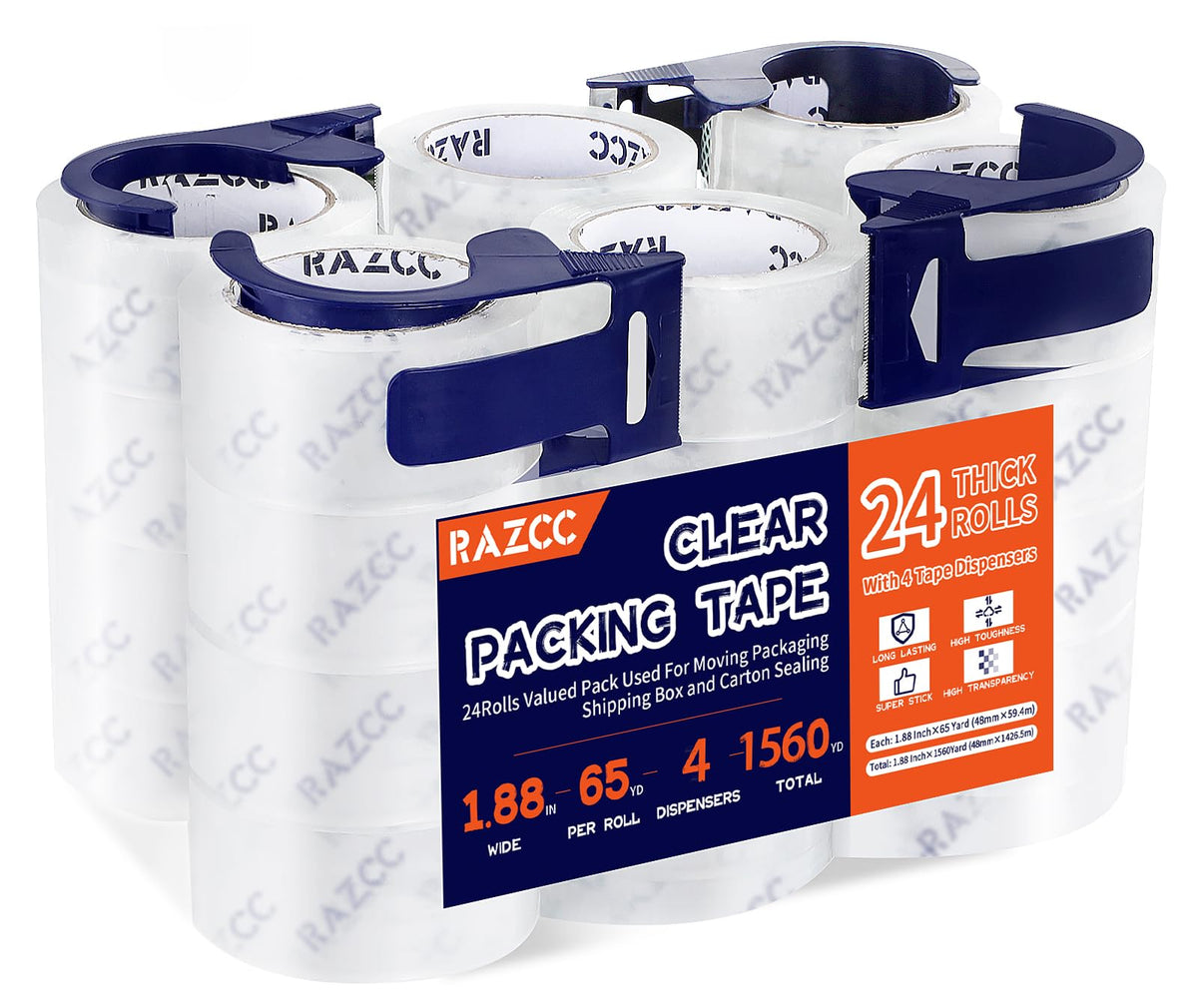 RAZCC Clear Packing Tape, 12 Rolls Heavy Duty Packaging Tape with Dispensers for Packing Shipping Moving and Sealing, Thicker Packing Tape-2" x 65 Yards Per Roll, 780 Total Yards