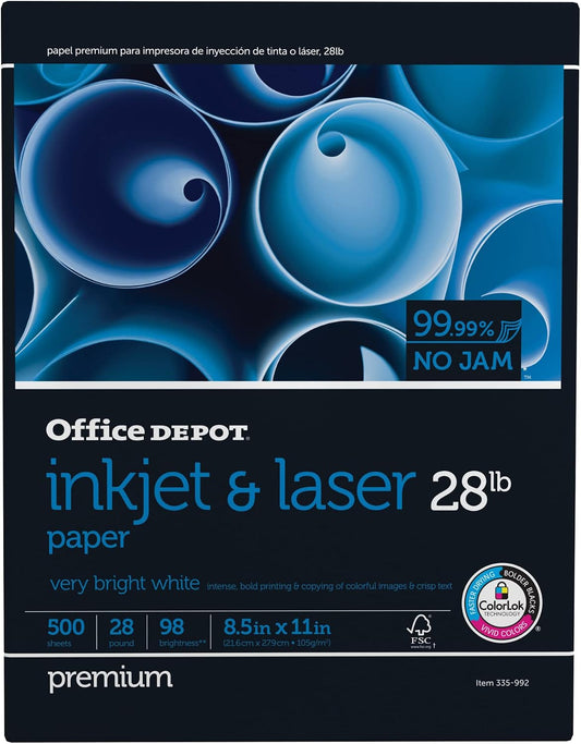 Office Depot® Inkjet And Laser Paper, 1 Ream, White, Letter Size (8 1/2" x 11"), Ream Of 500 Sheets, 28 Lb, 98 Brightness