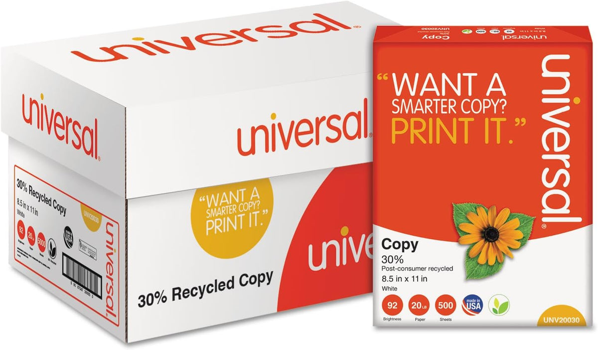 30% Recycled Copy Paper, 92 Brightness, 20lb, 8 1/2 x 11, White, 5000/Carton