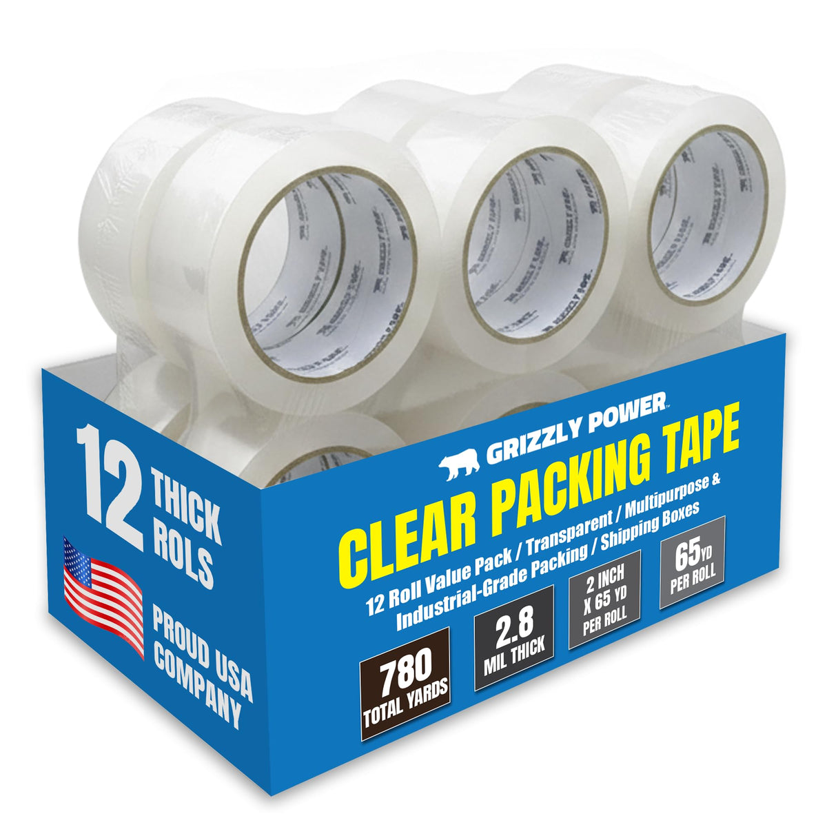 Grizzly Power Clear Packing Tape (6 Rolls) | Heavy Duty Packing Tape (2 Inch x 65 Yards) | 2.8mil Thick Strong Adhesive for Moving Boxes, Shipping Cartons, Office Use, Storage & Wrapping (390 Yards)