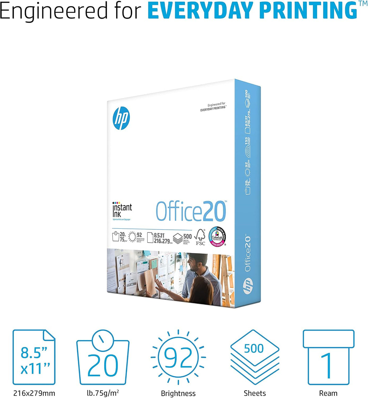 HP Papers | 8.5x11 Paper |Office 20 lb | 1 Ream - 500 Sheets | 92 Bright | Made in USA - FSC Certified | 112150R