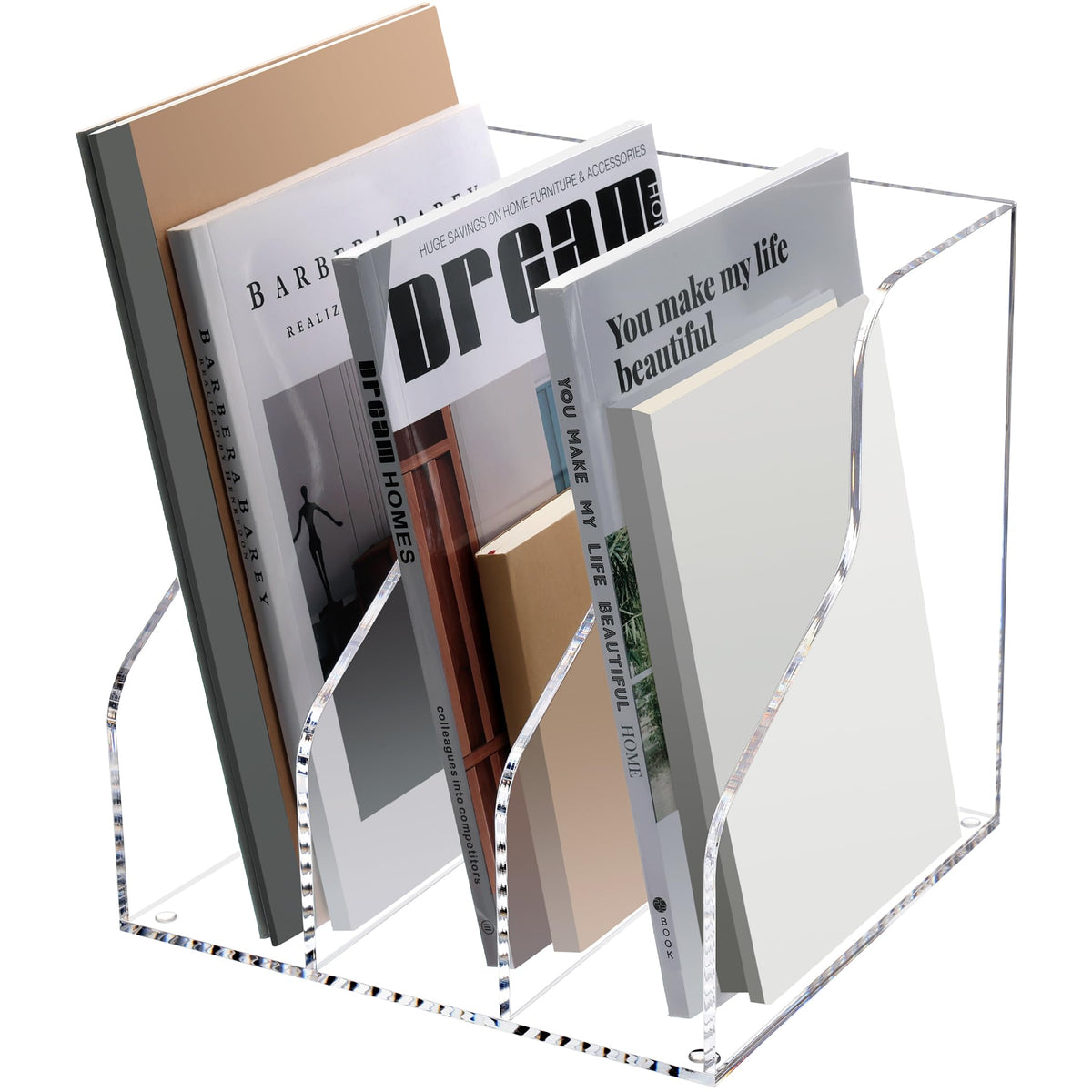 HeZone Acrylic Magazine File Holder 3 Slot Vertical Desk Organizer Clear