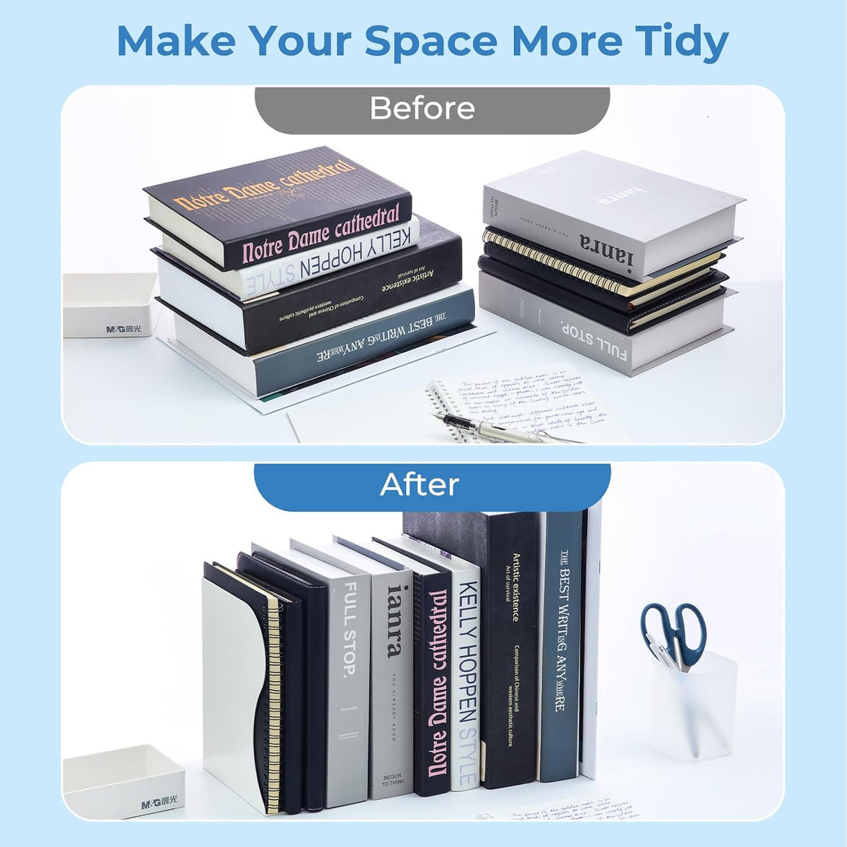 M&G Adjustable Bookends Book Ends for Shelves, Metal Bookend for Heavy Books, Desk Magazine File Organizer Holder Extends up to 20in, Book Stopper for Home, Office, Classroom (White)