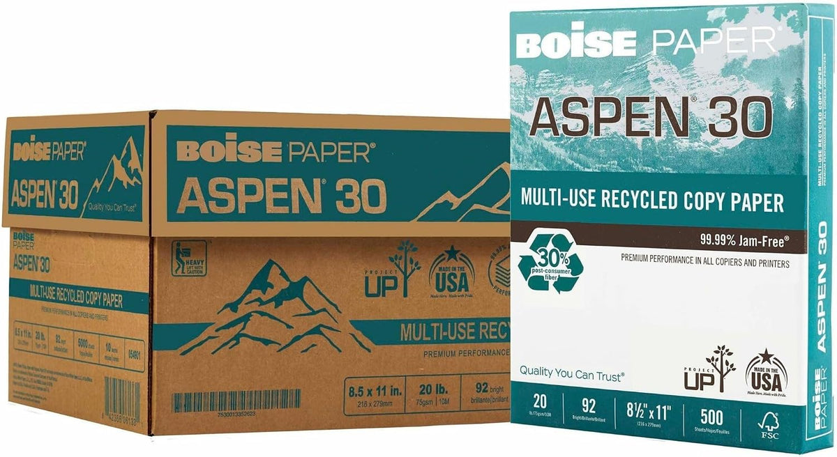 Boise ASPEN 30 Multi-Use Printer & Copy Paper, 10 Reams, White, Letter Size, 5000 Sheets Per Case- 054901-CTN