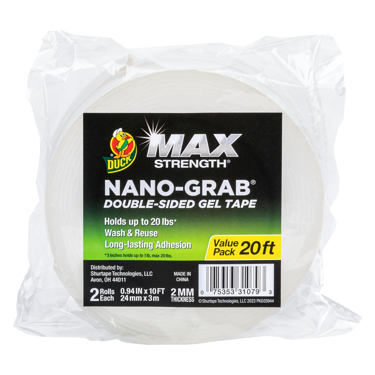 Duck Max Strength Double-Sided Tape with Nano-Grab Technology, 2 Rolls