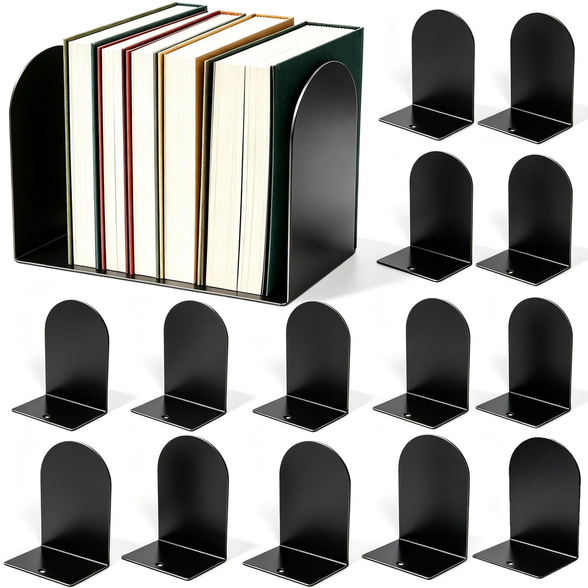 Lulonpon 16pcs Book Ends, Black Bookends, Non-Skid Book End, Metal Bookends for School Library and Desktop Organizer, Acrylic Book Ends for Book Shelves