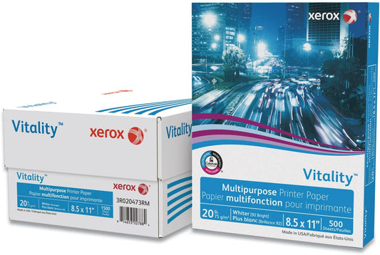 xerox Vitality Multipurpose Print Paper, 92 Bright, 20 lb Bond Weight, 8.5 x 11, White, 500 Sheets/Ream, 3 Reams/Carton