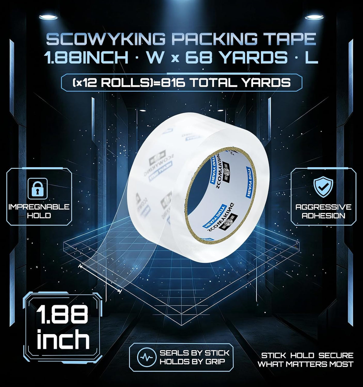 Clear Packing Tape Refills Heavy Duty,12 Pack,2.7 Mil,1.88"×68 Yd