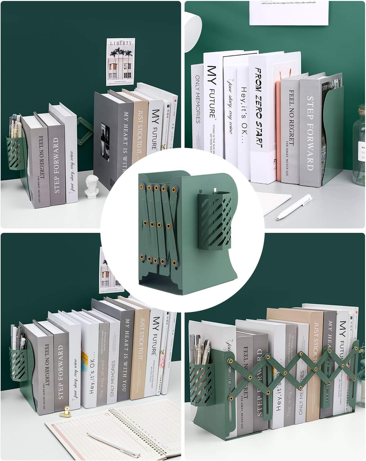 MSDADA Adjustable Bookends, Book Ends for Heavy Books, Expandable Book Organizer with Pen Holder for Desk, Shelf, Office,School, Thanksgiving for Students and Teachers(Green)