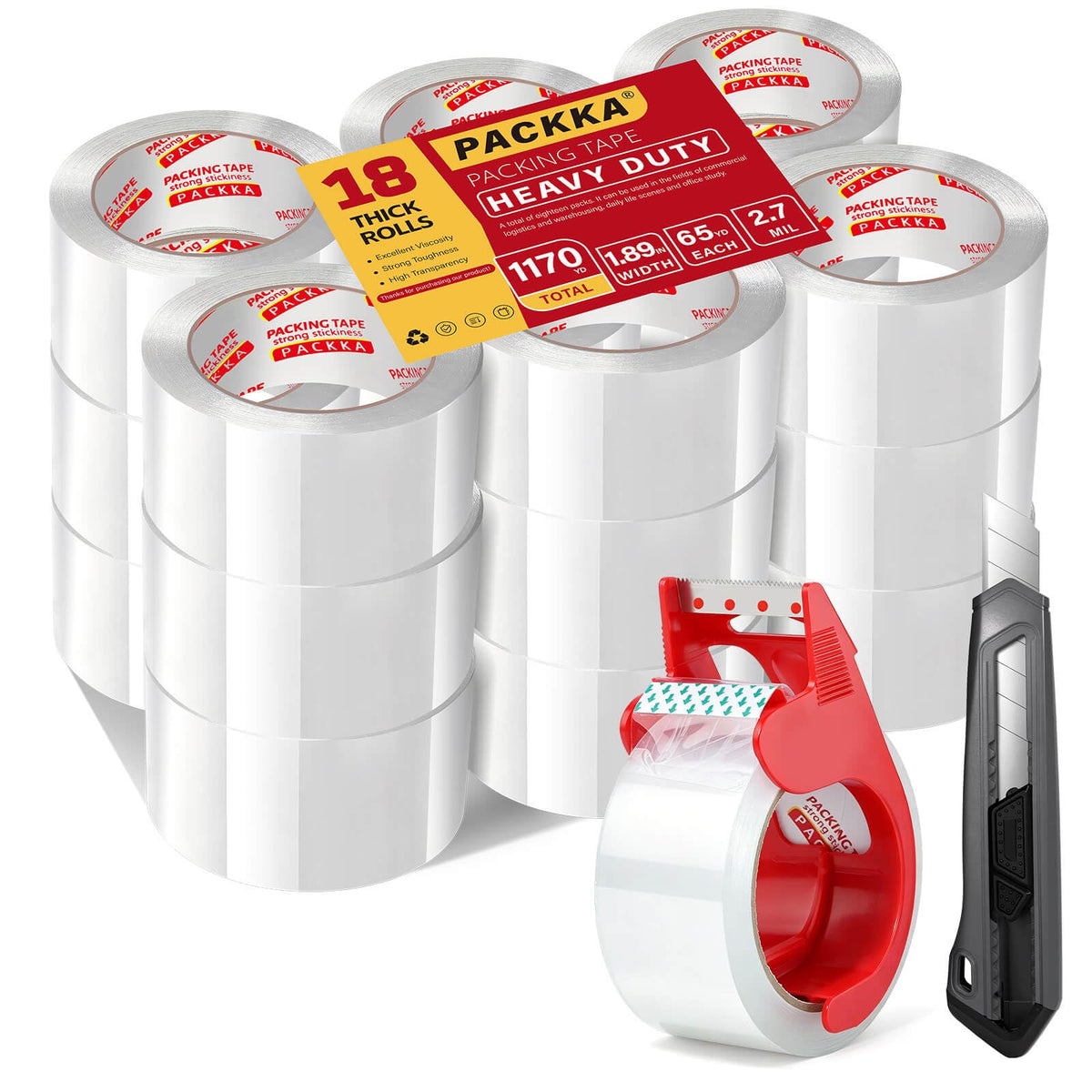 Heavy Duty Clear Packing Tape, 12 Rolls with Dispenser & Knife