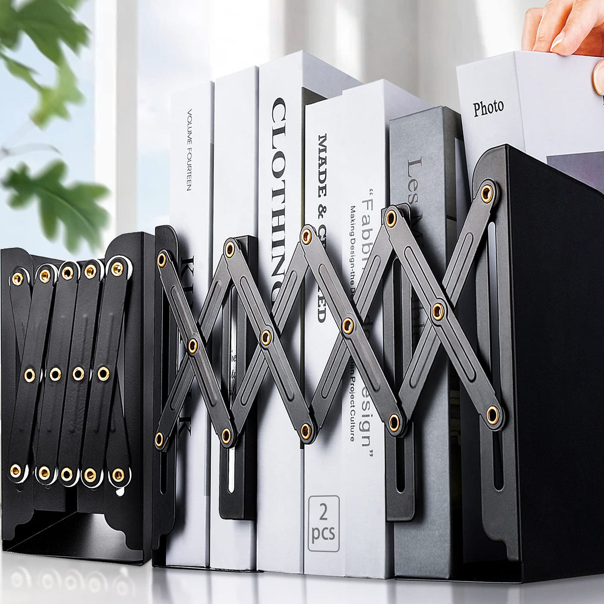Non Skid Book Ends to Hold Books, Carooyac Heavy Duty Bookends Adjustable Book End, Metal Bookends for Shelves, White Book Holders Organizer for Bookshelf Desk - Extends up to 19"