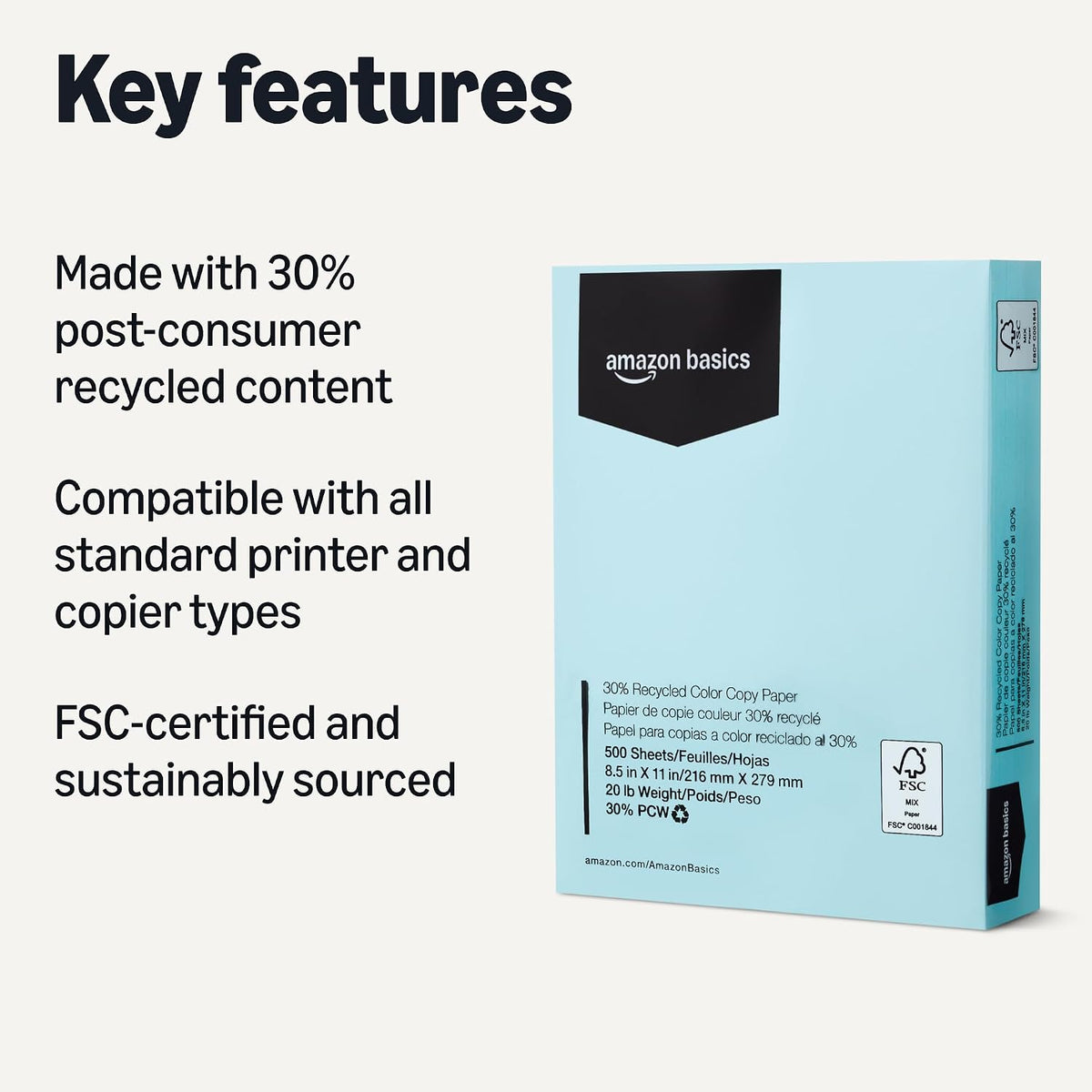 Amazon Basics 30% Recycled Color Copy Paper, 8.5" x 11", 20lb, Pastel Blue, 500 Sheets (Pack of 3)