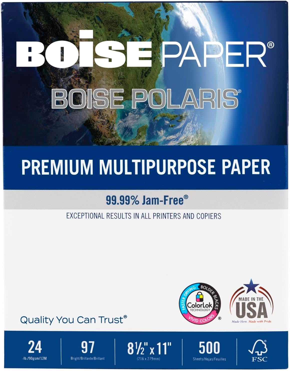 Boise® POLARIS® Premium Multi-Use Printer & Copy Paper, 1 Ream, White, Letter (8.5" x 11"), 500 Sheets Per Ream, 24 Lb,