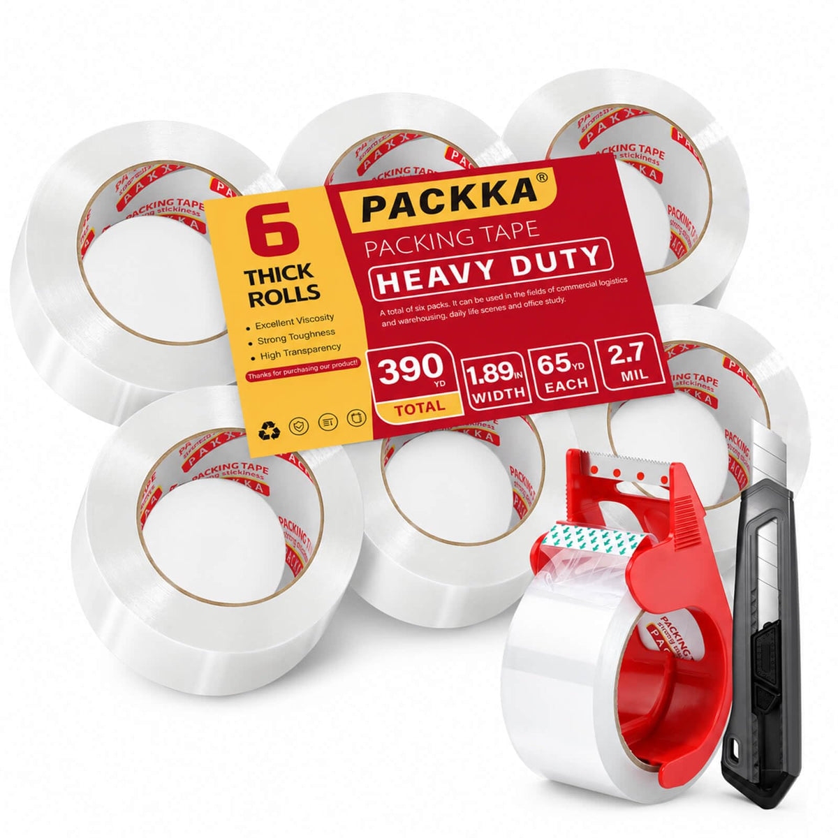 Heavy Duty Clear Packing Tape, 12 Rolls with Dispenser & Knife
