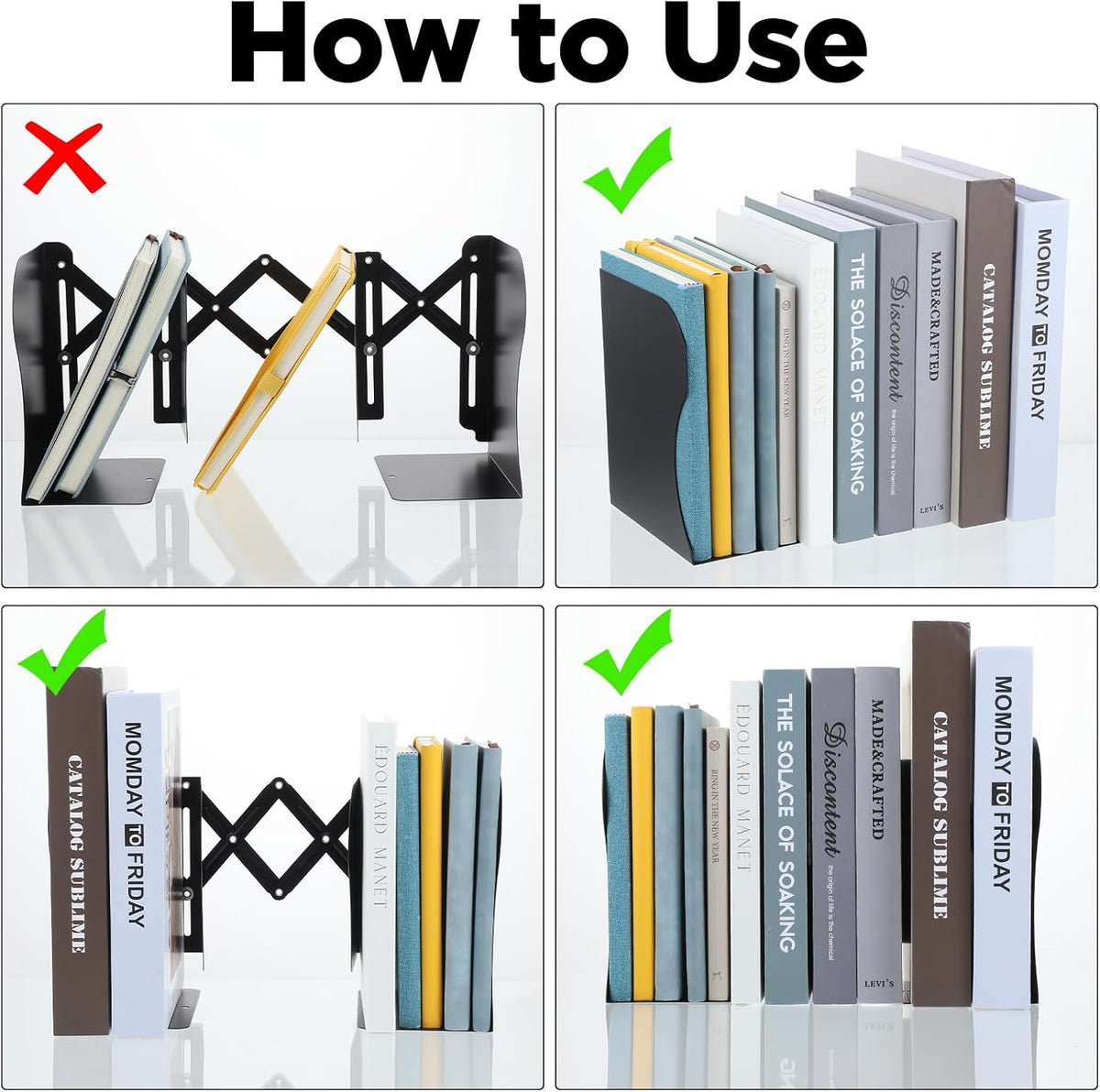 2PCS Adjustable Bookends, Metal Book Ends for Heavy Book, 2 Dividers, Nonslip Extendable Books Stander for Desk, Shelf, Office, Binder Holder, Stationery Gift, Extends up to 19 inch (Black)