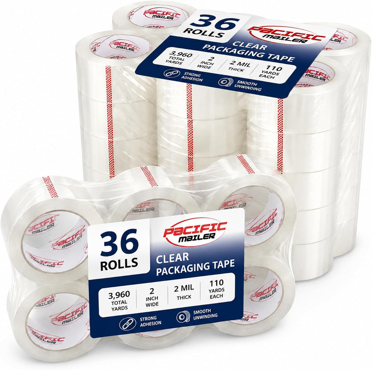 Pacific Mailer Clear Packing Tape, 2" x 110 Yards, 2.0 Mil Thick, 36 Packs