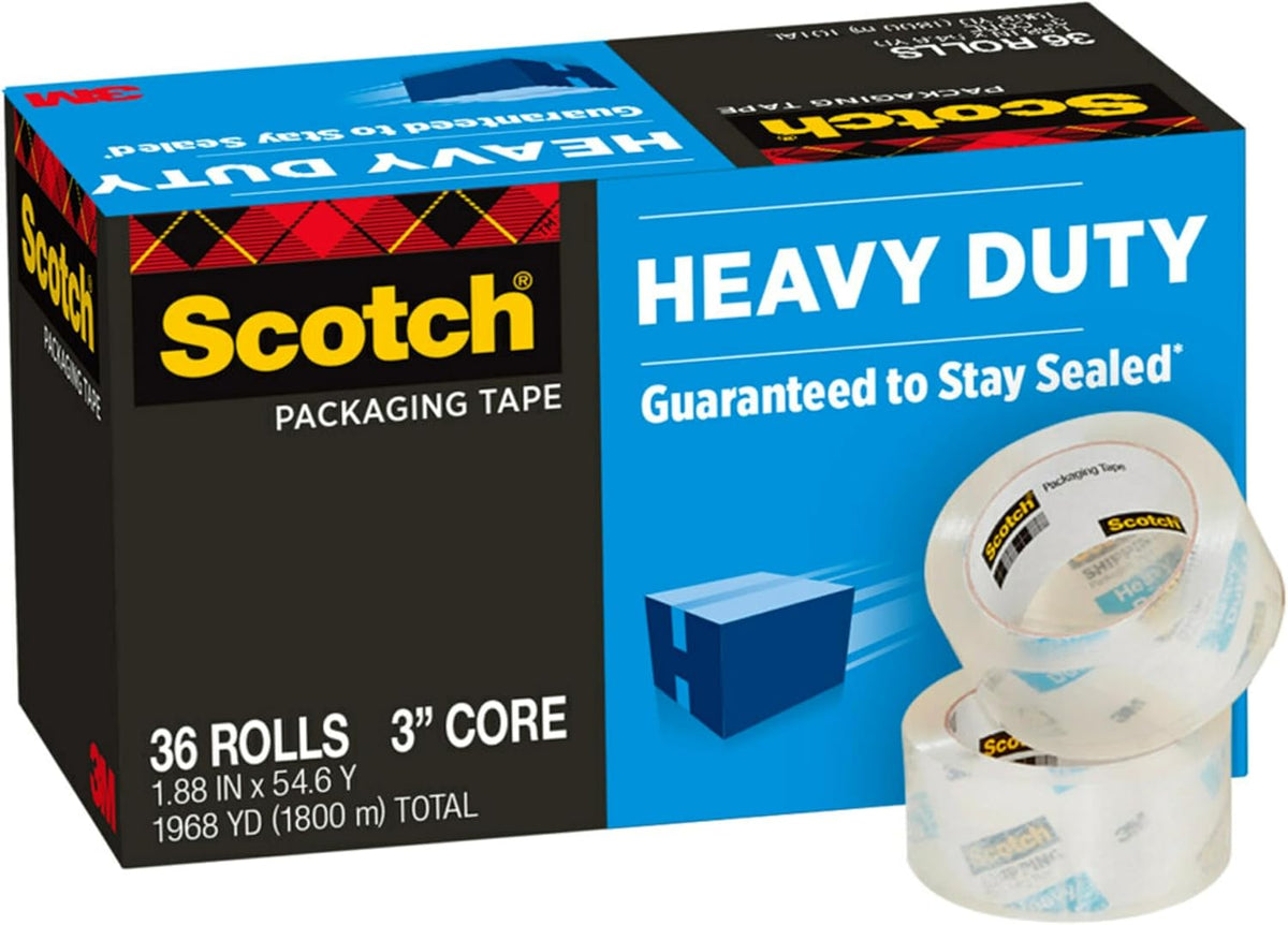 Scotch Heavy Duty Shipping Packing Tape, Clear, Shipping and Packaging Supplies, 1.88 in. x 54.6 yd., 36 Refill Tape Rolls