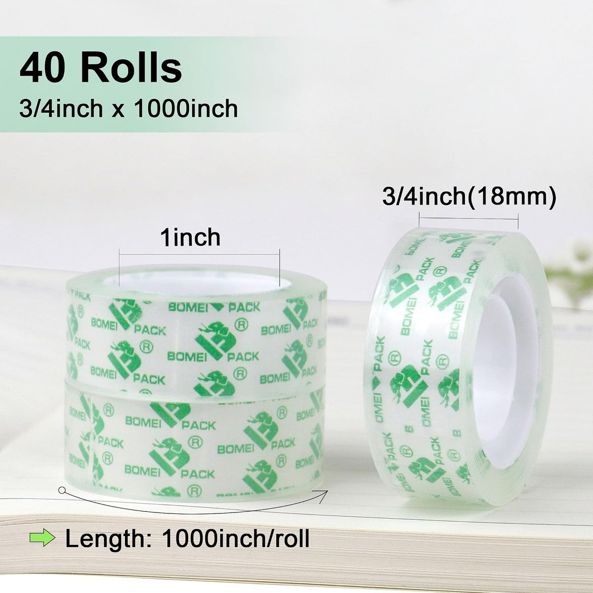 BOMEI PACK Crystal Clear 40 Rolls Transparent Tape Refills Rolls 3/4-Inch x 1000 inch, 1 inch Core, Clear Gift Wrapping Tape Refill Roll for Office, Home, School