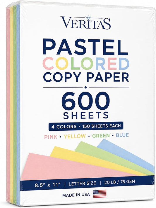 Colored Copy Paper 8.5 x 11, Letter Size Printer Paper, 600 Sheets (150 Each of Pink, Green, Blue, Yellow), Jam-Free, Bulk Pastel Colored Paper for Arts & Crafts, DIY Projects, Made in USA