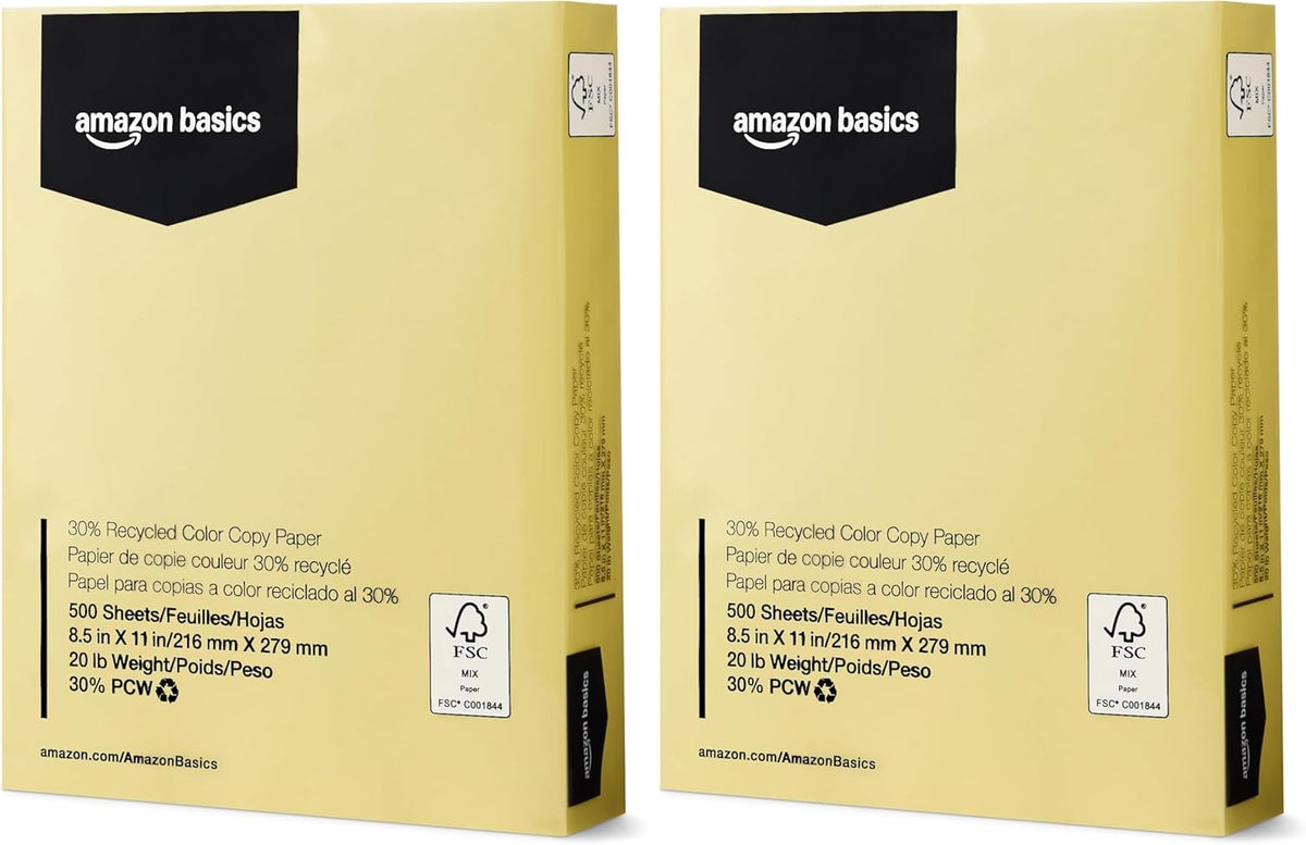 Amazon Basics 30% Recycled Color Copy Paper, 8.5" x 11", 20lb, Pastel Canary, 500 Sheets (Pack of 2)