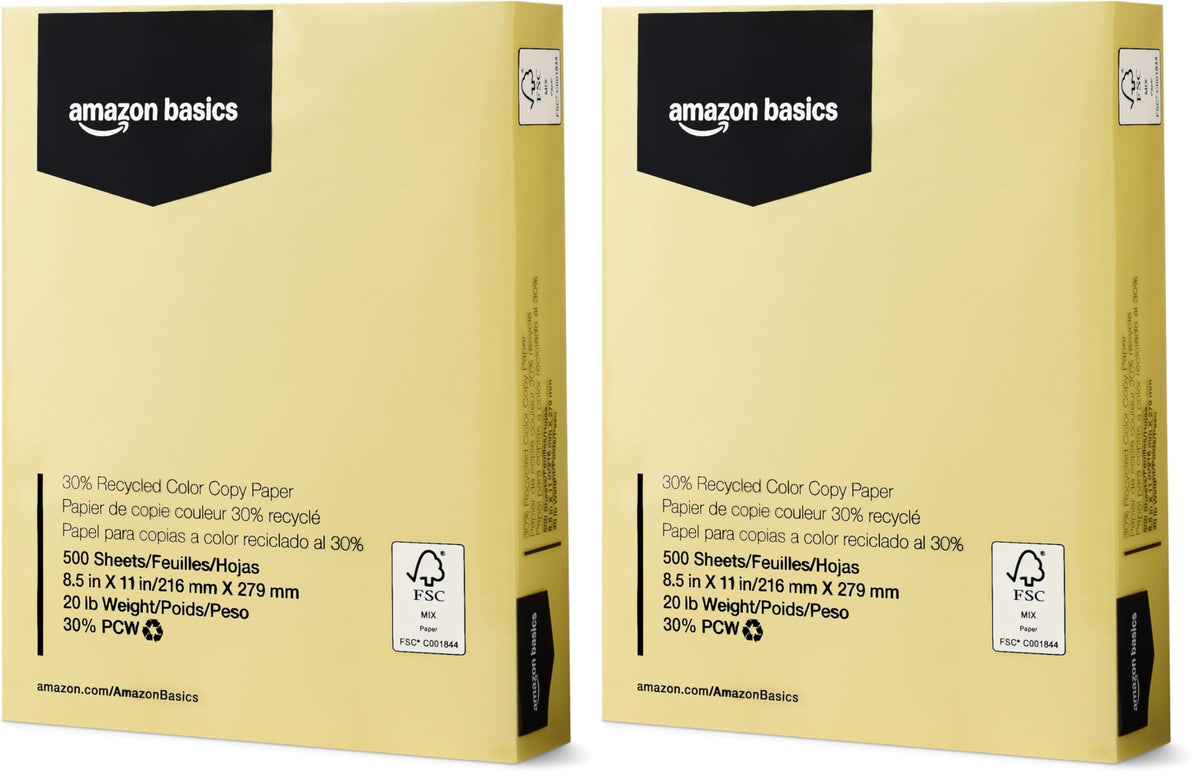 Amazon Basics 30% Recycled Color Copy Paper, 8.5" x 11", 20lb, Pastel Canary, 500 Sheets (Pack of 2)