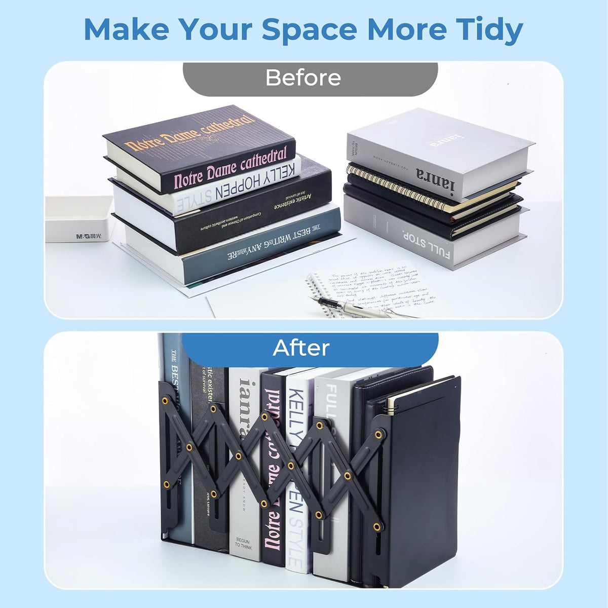 M&G Adjustable Bookends Book Ends for Shelves, Metal Bookend for Heavy Books, Desk Magazine File Organizer Holder Extends up to 20in, Book Stopper for Home, Office, Classroom (Black)