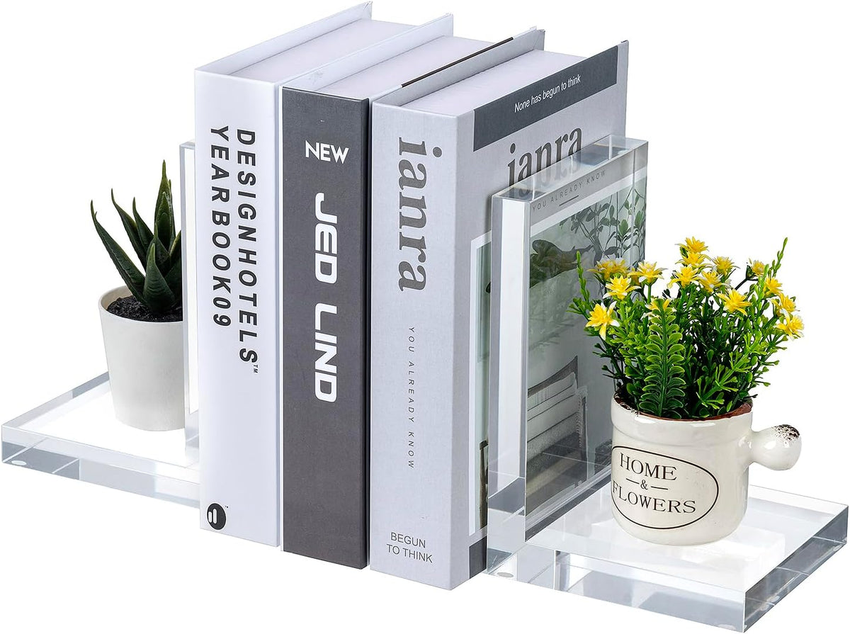 MyGift L-Shaped Decorative Bookends, Transparent Heavy Duty Non-Skid Book Ends Stopper for Shelves Home Office School, 1 Pair, Premium Hotel Style Clear Thick Acrylic