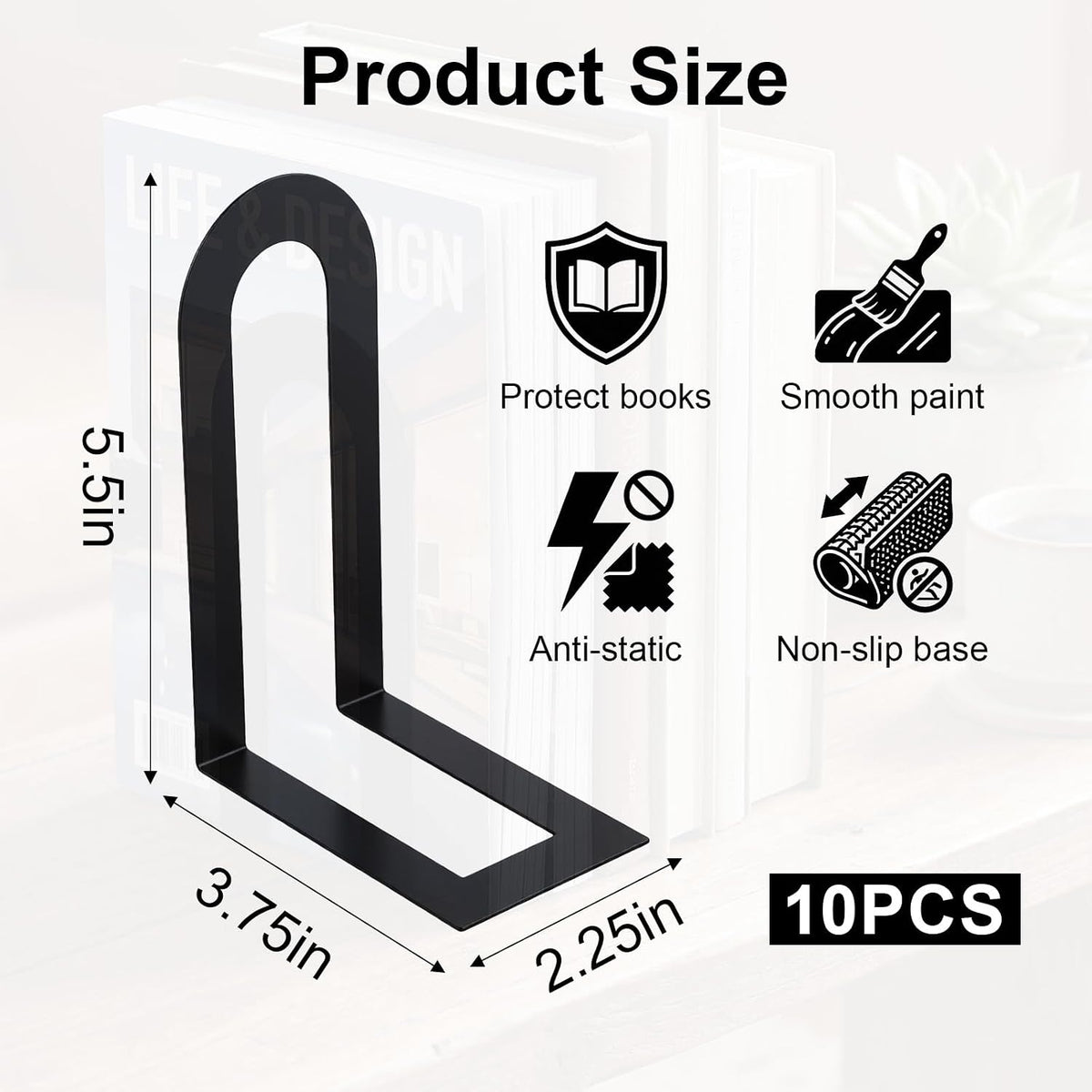 Metal Book Ends for Books - 10 Pcs Black Small Metal Bookends, Heavy Duty Iron Book Stopper & Shelf Organizer for Home Office, 5.5x3.75x2.25 Inches
