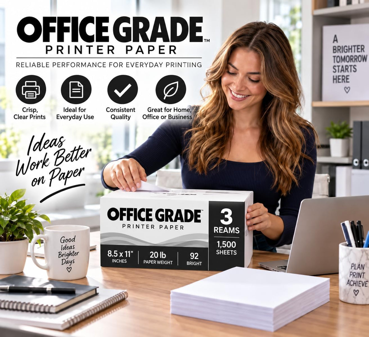 Printer Paper Office Grade 8.5 x 11 | 20 lb Copy Paper | 92 Bright | 3 Reams | 1,500 Sheets