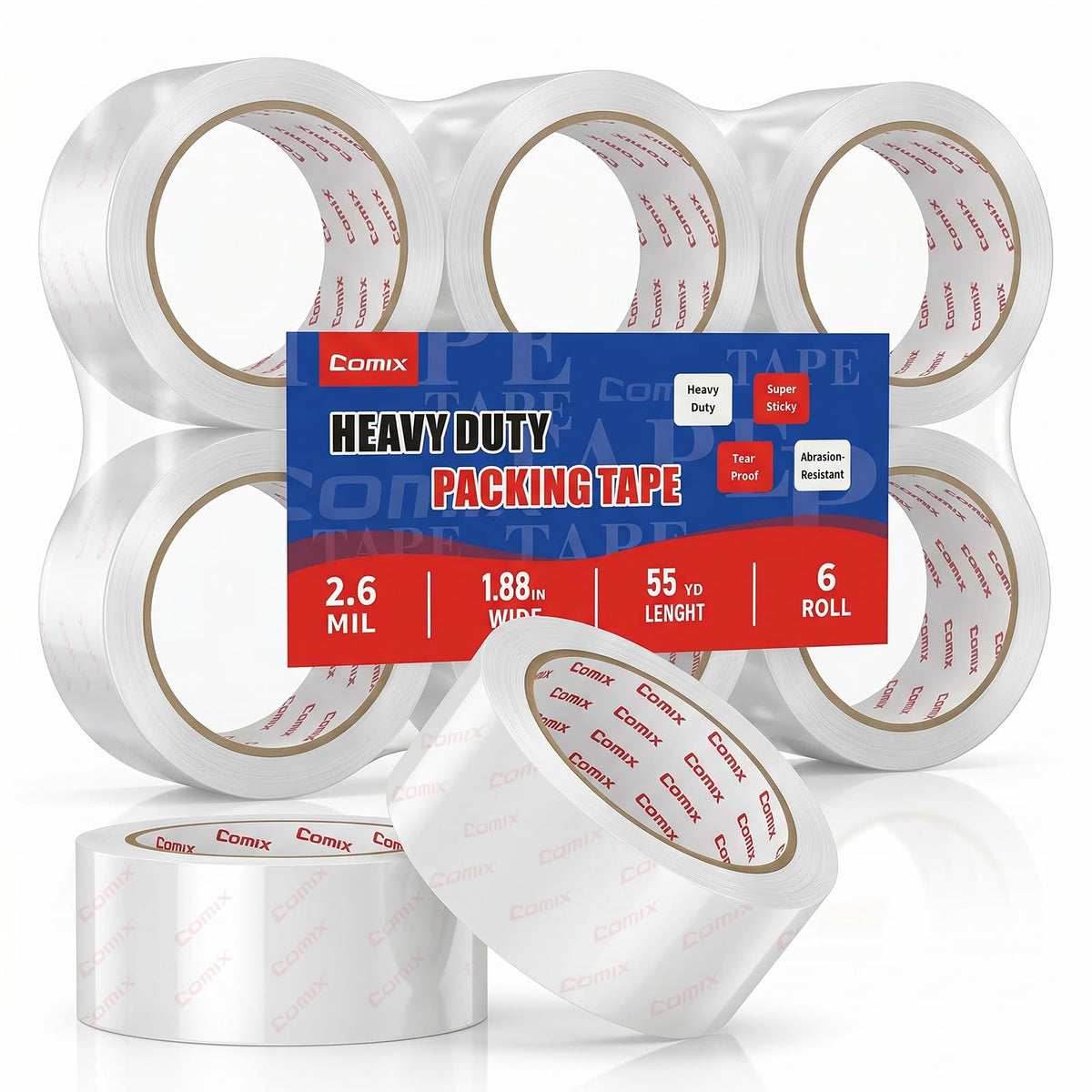 Comix Clear Packing Tape Refills,Heavy Duty,12 Rolls,1.88" x 54.6 yd