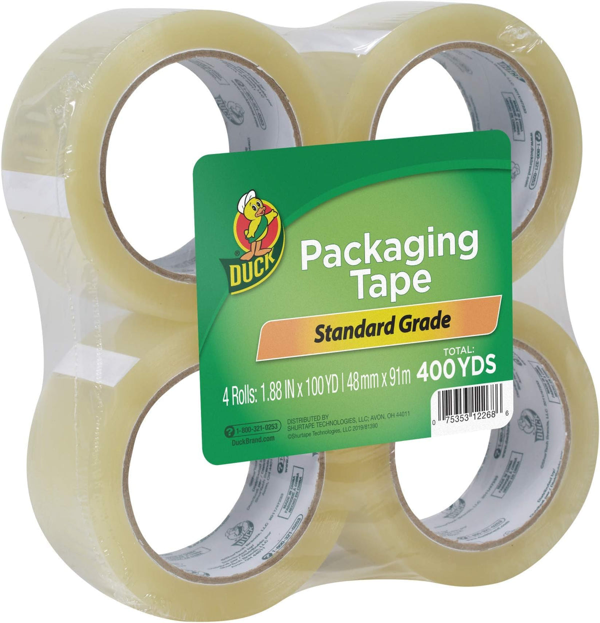 Duck Brand Standard Packaging Tape Refill Rolls, 1.88 in x 100 Yds, 4 Rolls