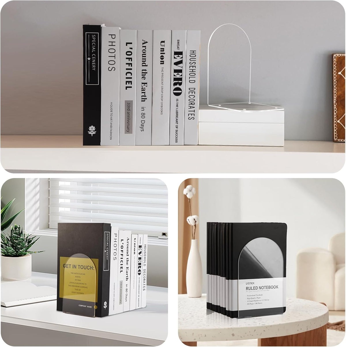 8pcs Book Ends for Shelves, Acrylic Bookends for Home Office