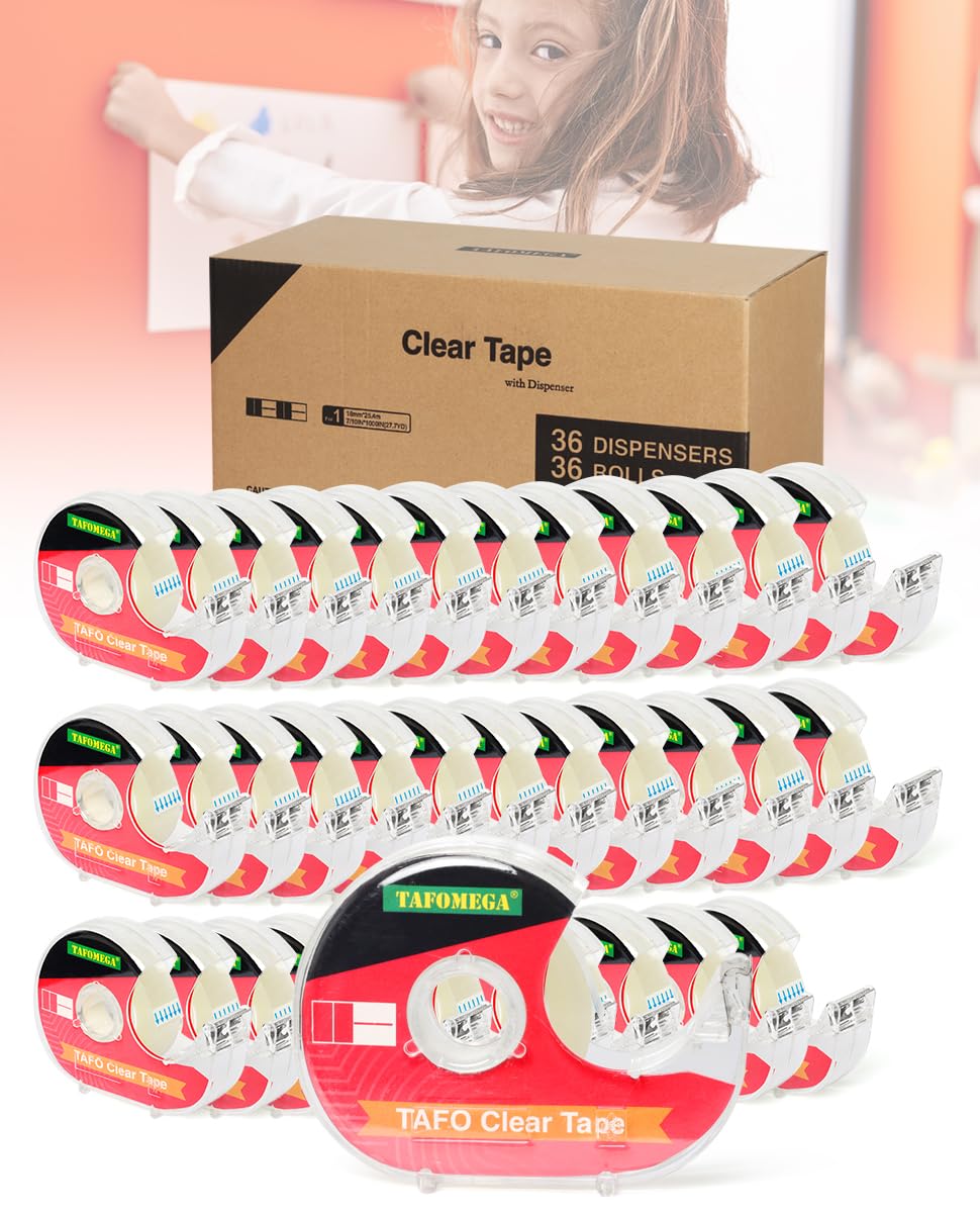 Clear Tape with Dispenser, 0.7" x 1000", 36 Pack, for Office & School