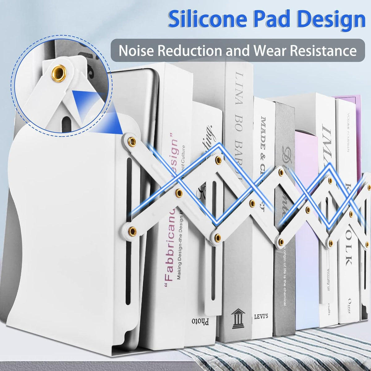 Non Skid Book Ends to Hold Books, Carooyac Heavy Duty Bookends Adjustable Book End, Metal Bookends for Shelves, White Book Holders Organizer for Bookshelf Desk - Extends up to 19"