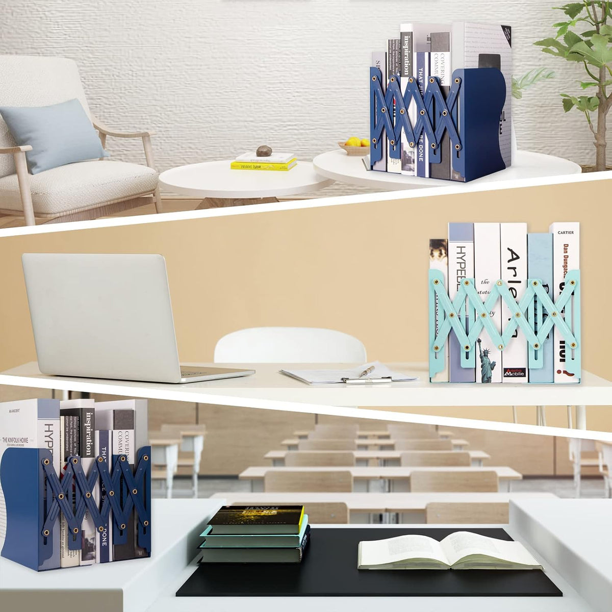 Aobopar Adjustable Metal Book Ends for Shelves Dark Blue