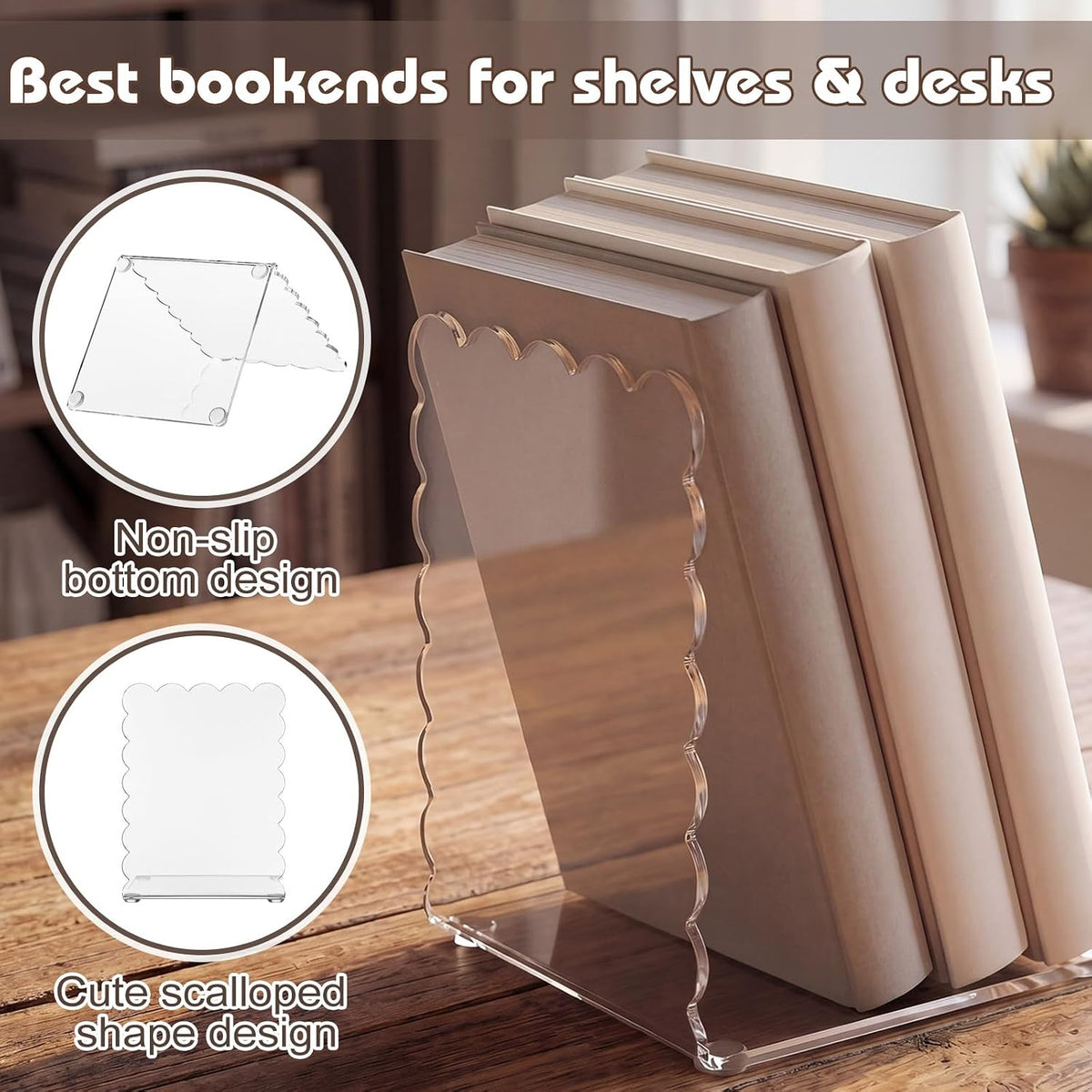 4 Pcs Scalloped Acrylic Bookends Clear Book Ends for Shelve Transparent Bookend Organizer Decorative Non Slip Book Holders for School Library Office Cd File Video Games