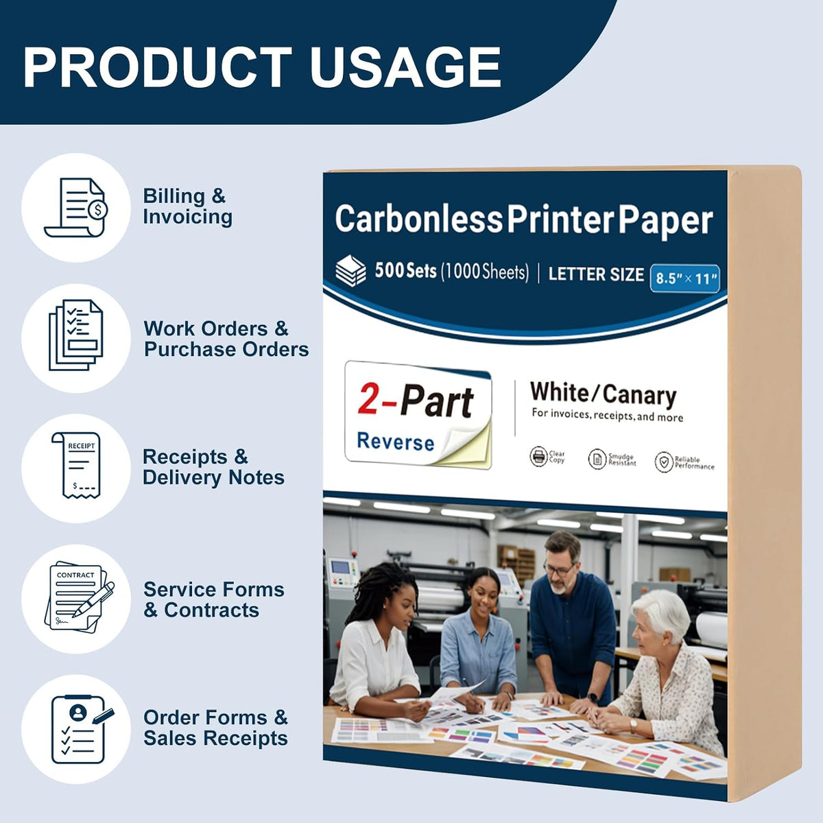 500set 2 Part Carbon Copy Paper 8.5x11in Reverse Carbonless Printer Paper