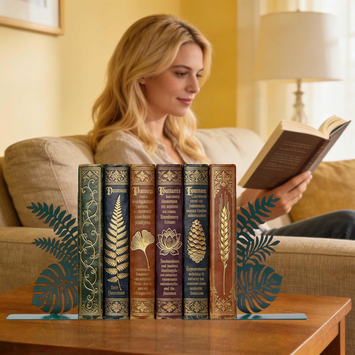 Green Leaf Metal Bookends, Cute Unique Botanical Plant Decorative Book Ends for Bookshelf Office Living Room Reading Room Kitchen Guest Room, Nature Tropical Jungle Hawaii Home Decor