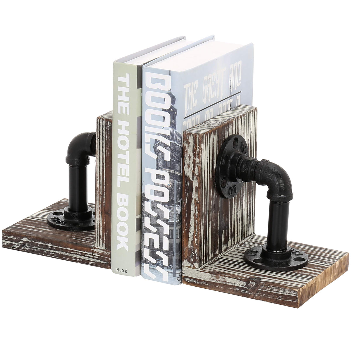 MyGift Burnt Wood Bookends with Metal Industrial Pipe Design, 2 Piece Set