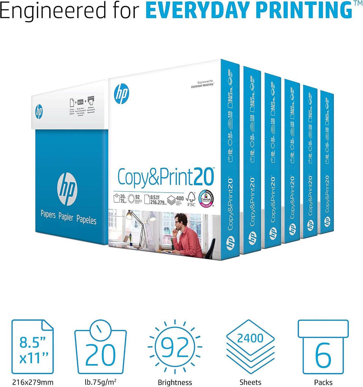 HP Printer Papers | 8.5 x 11 Paper | Copy &Print 20 lb| 6 Pack Case - 2,400 Sheets | 92 Bright | FSC Certified | 200010C