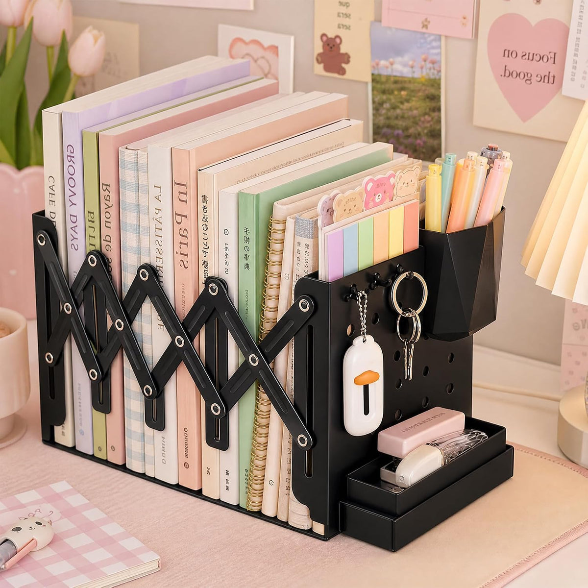Heavy Duty Expandable Bookends with Pen Holder, Metal Adjustable Book Ends for Shelves 4 to 18 Inches, Multi-Functional Desk Organizer with Pegboard, Hooks, and Drawer Storage for Office, School