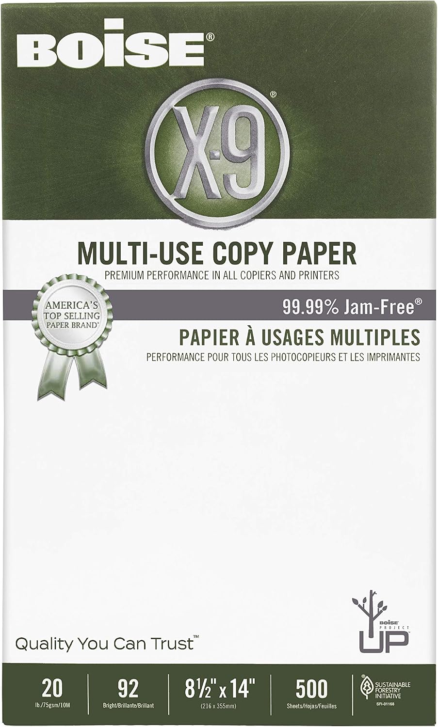 Boise X-9 Multi-Use Printer & Copy Paper, 10 Reams, White, Legal (8.5in x 14in), 5000 Sheets Per Case, 20 Lb, 92 Brightness